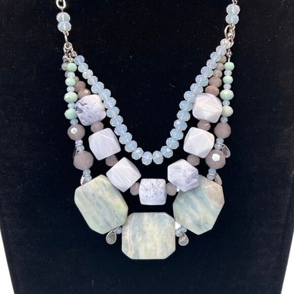 Vtg The Limited Blue Lace Agate Stone & Beads Layered Bib Necklace 19" Signed - Picture 1 of 6